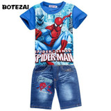 Retail spiderman kids clothing sets,fashion cartoon children summer shirt jeans shorts set, toddler boys clothing