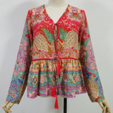 RED Boho blouse 2018 Peacock floral print blouses Vinatge sexy v-Neck long Sleeve tassel Bohemia women blouses Hippie TOP