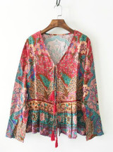 RED Boho blouse 2018 Peacock floral print blouses Vinatge sexy v-Neck long Sleeve tassel Bohemia women blouses Hippie TOP