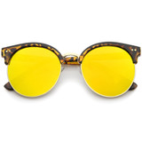 Modern Flat Front Oversize Round Mirror Lens Cat Eye Sunglasses
