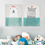 Modern Cute Animal Print Poster Nursery Wall Art Bear Hippo Penguin Picture Canvas Painting Kids Room Nordic Home Decor No Frame
