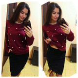 MOARCHO 2017 Women fashion elegant pearls beading Casual Coat Outfit Tops New Autumn winter Long Sleeve Pullover