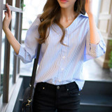 MOARCHO 2017 Summer Women Striped Blouse Fashion Casual Blue V-Neck Seven Sleeve Buttons Blouse Women Loose Tops Blusas Vestidos