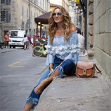 MOARCHO 2017 Summer Women  Elegant Chiffon Blouse Floral Tops Plain Blue Off Shoulder Sexy Shirts Women Summer Blouse Blusas