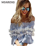 MOARCHO 2017 Summer Women  Elegant Chiffon Blouse Floral Tops Plain Blue Off Shoulder Sexy Shirts Women Summer Blouse Blusas