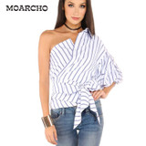 MOARCHO 2017 Summer Fashion Striped Women Blouses One Shoulder V-neck Half Puff Sleeve Casual Shirts Women Waist Slim Tops