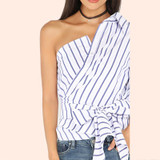 MOARCHO 2017 Summer Fashion Striped Women Blouses One Shoulder V-neck Half Puff Sleeve Casual Shirts Women Waist Slim Tops