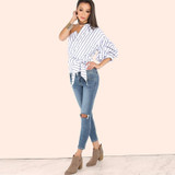 MOARCHO 2017 Summer Fashion Striped Women Blouses One Shoulder V-neck Half Puff Sleeve Casual Shirts Women Waist Slim Tops