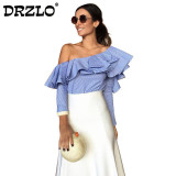 MOARCHO 2017 Casual Blue Women Blouse Shirt Cotton Striped Ladies Tops One Shoulder Ruffles Long Sleeve Blouses Summer Blusas