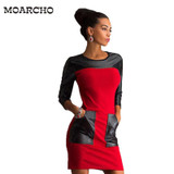 MOARCHO 2017 Autumn Women Casual Patchwork Dress Fashion Popular Three Quarter Sleeve O-Neck sheath Dresses Female pockets dress