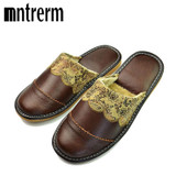 Mntreem 2017 Winter Warm Home Slippers Men Women Couple Genuine Cow Leather Pantufas Wool Plush Man Mujer Floor Slipper Shoe