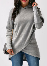 2017 Pocket Asymmetric Hem Long Sleeve Hooded Sweatshirt Female Long Sleeve Pullovers Women Hoodie