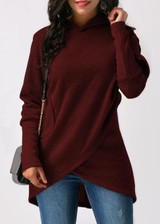 2017 Pocket Asymmetric Hem Long Sleeve Hooded Sweatshirt Female Long Sleeve Pullovers Women Hoodie