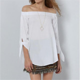 2017 Plus Size Women Sexy Blouses Slash Neck Off Shoulder Bow Long Sleeve Casual Tops Shirts Blue White Striped Party Blusas