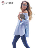 2017 Plus Size Women Sexy Blouses Slash Neck Off Shoulder Bow Long Sleeve Casual Tops Shirts Blue White Striped Party Blusas