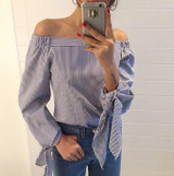 2017 Plus Size Women Sexy Blouses Slash Neck Off Shoulder Bow Long Sleeve Casual Tops Shirts Blue White Striped Party Blusas