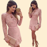 2017 Pink Lace Spring Summer Dress Women's Sexy Party Dresses Night Club Dress Long Sleeve Brasil Vestidos