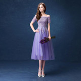 2017 off the Shoulder Short Sleeve Lace Appliques Short Lavender Bridesmaid Dress Elegant Wedding Party Dresses