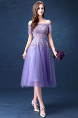 2017 off the Shoulder Short Sleeve Lace Appliques Short Lavender Bridesmaid Dress Elegant Wedding Party Dresses
