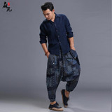 2017 nre Men's cotton Linen Pants Fashion Summer big crotch floral pants male cotton loose linen pants folk style harem pants