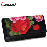 CONTACT'S Women wallet Genuine Leather Wallet Female Purse Printing Flowers designer Clutches Phone coins Card Holder Money Bag
