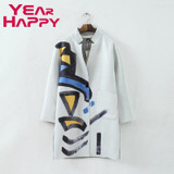 2015 Trench Coat Women Coat Graffiti Print V-Neck Space Cotton     Spring Autumn Coat   Plus Size outer garment