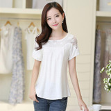 2015 New Summer Casual Women Blouses Plus Size Hollow Out Blouse Lace linen Cotton Shirt Patchwork Blusas Feminina Women tops