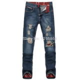 2015 new ripped mens jeans brand destroyed hole jeans straight men's  jeans loose frayed denim true biker jeans men 109