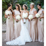 Honey Qiao Gold Long Bridesmaid Dresses Sequined Short Sleeve Floor Length 2017 Long Prom Gowns Wedding Party Dress