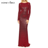 Honey Qiao Bridesmaid Dresses Rose Gold Sequins Mermaid Long Sleeves 2017 Champagne Burgundy Maid of Honor Gowns Real Photo