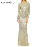 Honey Qiao Bridesmaid Dresses Rose Gold Sequins Mermaid Long Sleeves 2017 Champagne Burgundy Maid of Honor Gowns Real Photo