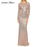 Honey Qiao Bridesmaid Dresses Rose Gold Sequins Mermaid Long Sleeves 2017 Champagne Burgundy Maid of Honor Gowns Real Photo