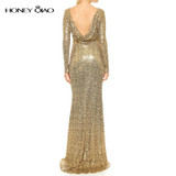 Honey Qiao Bridesmaid Dresses Rose Gold Sequins Mermaid Long Sleeves 2017 Champagne Burgundy Maid of Honor Gowns Real Photo