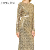 Honey Qiao Bridesmaid Dresses Rose Gold Sequins Mermaid Long Sleeves 2017 Champagne Burgundy Maid of Honor Gowns Real Photo