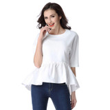 MUSENDA Hot Sales Women Summer Casual Fashion Loose Chiffon Shirts O-Neck Half Sleeve Ruffles Hem White Blouses Tops