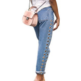 2093 New 2017 Fashion Rivets Ripped High Waist Jeans Straight Eyelet Detail Boyfriend Denim Jeans Women Pants Female Calca Jeans