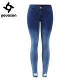 2087 Youaxon Women`s Gradient Effect Dark Blue Mid Low Waist Stretchy Ripped Pencil Skinny Denim Pants Jeans For Women Jean