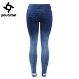 2087 Youaxon Women`s Gradient Effect Dark Blue Mid Low Waist Stretchy Ripped Pencil Skinny Denim Pants Jeans For Women Jean