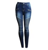 2077 Women`s Fashion Punk Motorcyle Patchwork Stretch Slim Fit Ripped Denim Pants Skinny Jeans Woman High Waist Jeans Femme