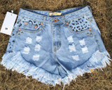 2054 2017 Women's Fashion Brand Vintage Tassel Leopard Rivet Ripped Loose High Waisted Short Jeans Punk Sexy Woman Denim Shorts