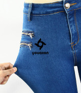 2020 Youaxon Women`s Fashion Plus Size Mid High Waist Ultra Stretch Zip Decor Navy Blue True Denim Skinny Jeans For Woman