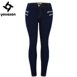 2020 Youaxon Women`s Fashion Plus Size Mid High Waist Ultra Stretch Zip Decor Navy Blue True Denim Skinny Jeans For Woman
