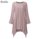 2018 ZANZEA Vintage Women Autumn O Neck Long Sleeve Asymmetrical Hem Solid Long Shirt Blouse Casual Loose Pleated Tops Plus Size