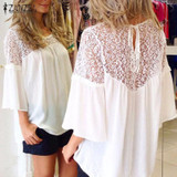 2018 ZANZEA Summer Women Chiffon Patchwork Lace Solid Shirts Casual Loose White Blouses Tops Plus Size Baggy Blusas Femininas