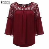 2018 ZANZEA Summer Women Chiffon Patchwork Lace Solid Shirts Casual Loose White Blouses Tops Plus Size Baggy Blusas Femininas
