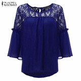 2018 ZANZEA Summer Women Chiffon Patchwork Lace Solid Shirts Casual Loose White Blouses Tops Plus Size Baggy Blusas Femininas