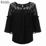 2018 ZANZEA Summer Women Chiffon Patchwork Lace Solid Shirts Casual Loose White Blouses Tops Plus Size Baggy Blusas Femininas