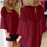 2018 ZANZEA Summer Women Chiffon Patchwork Lace Solid Shirts Casual Loose White Blouses Tops Plus Size Baggy Blusas Femininas