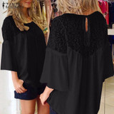 2018 ZANZEA Summer Women Chiffon Patchwork Lace Solid Shirts Casual Loose White Blouses Tops Plus Size Baggy Blusas Femininas