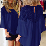 2018 ZANZEA Summer Women Chiffon Patchwork Lace Solid Shirts Casual Loose White Blouses Tops Plus Size Baggy Blusas Femininas